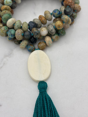 chrysocolla gemstone mala necklace  with bone guru bead and green tassel| radiant malas | handmade in boulder, colorado