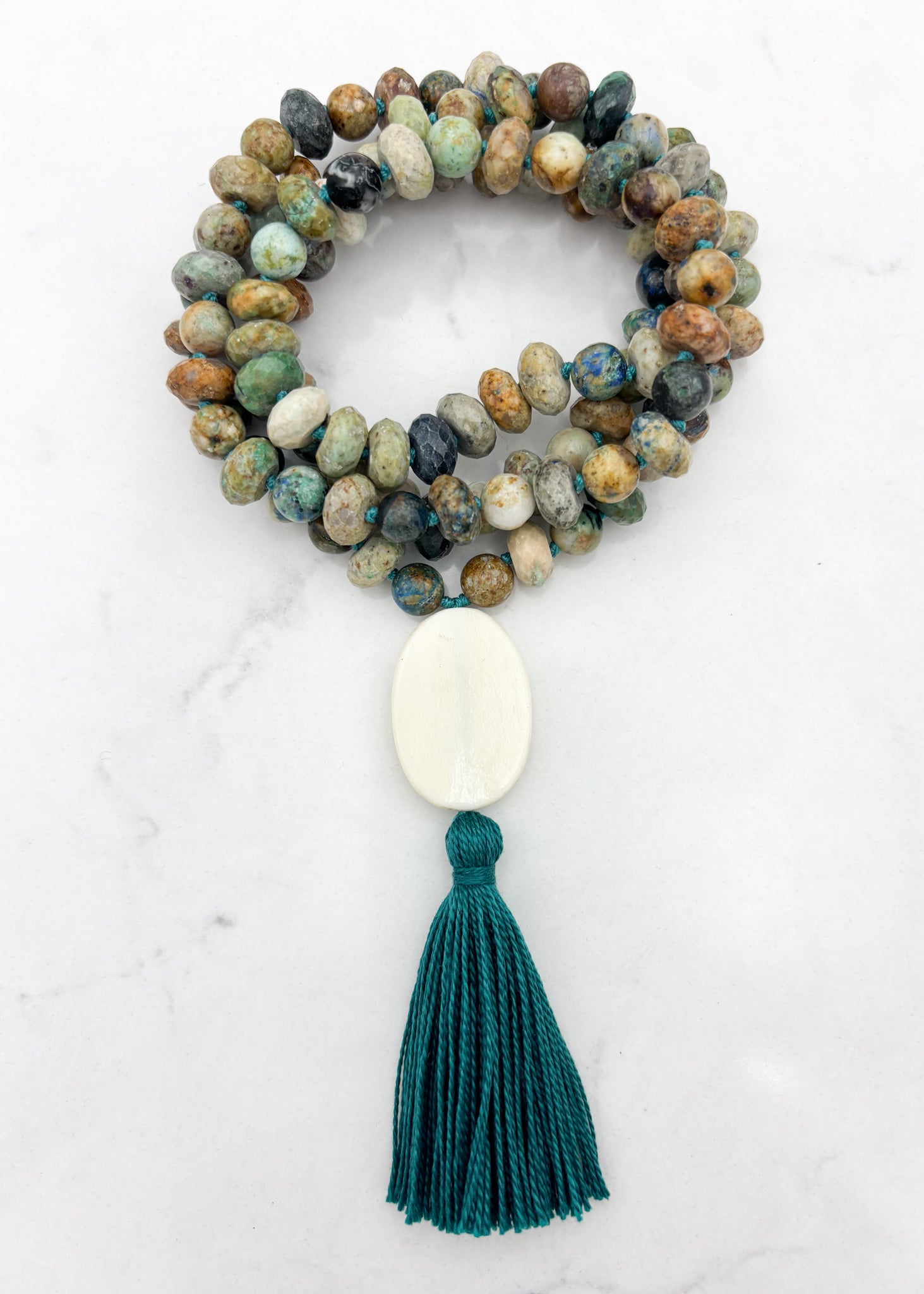 chrysocolla gemstone mala necklace  with bone guru bead and green tassel| radiant malas | handmade in boulder, colorado