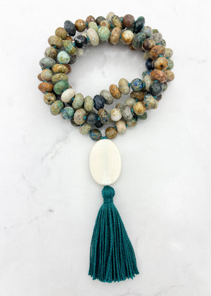 chrysocolla gemstone mala necklace  with bone guru bead and green tassel| radiant malas | handmade in boulder, colorado