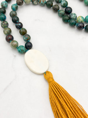 chrysocolla gemstone mala necklace  with bone guru bead and gold tassel| radiant malas | handmade in boulder, colorado