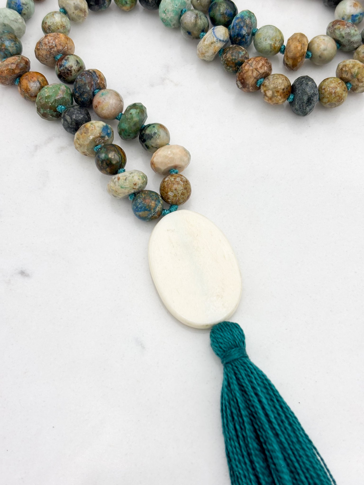 chrysocolla gemstone mala necklace  with bone guru bead and green tassel| radiant malas | handmade in boulder, colorado