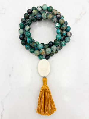 chrysocolla gemstone mala necklace  with bone guru bead and gold tassel| radiant malas | handmade in boulder, colorado