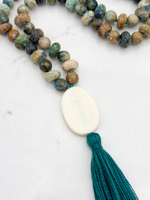 chrysocolla gemstone mala necklace  with bone guru bead and green tassel| radiant malas | handmade in boulder, colorado