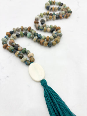 chrysocolla gemstone mala necklace  with bone guru bead and green tassel| radiant malas | handmade in boulder, colorado