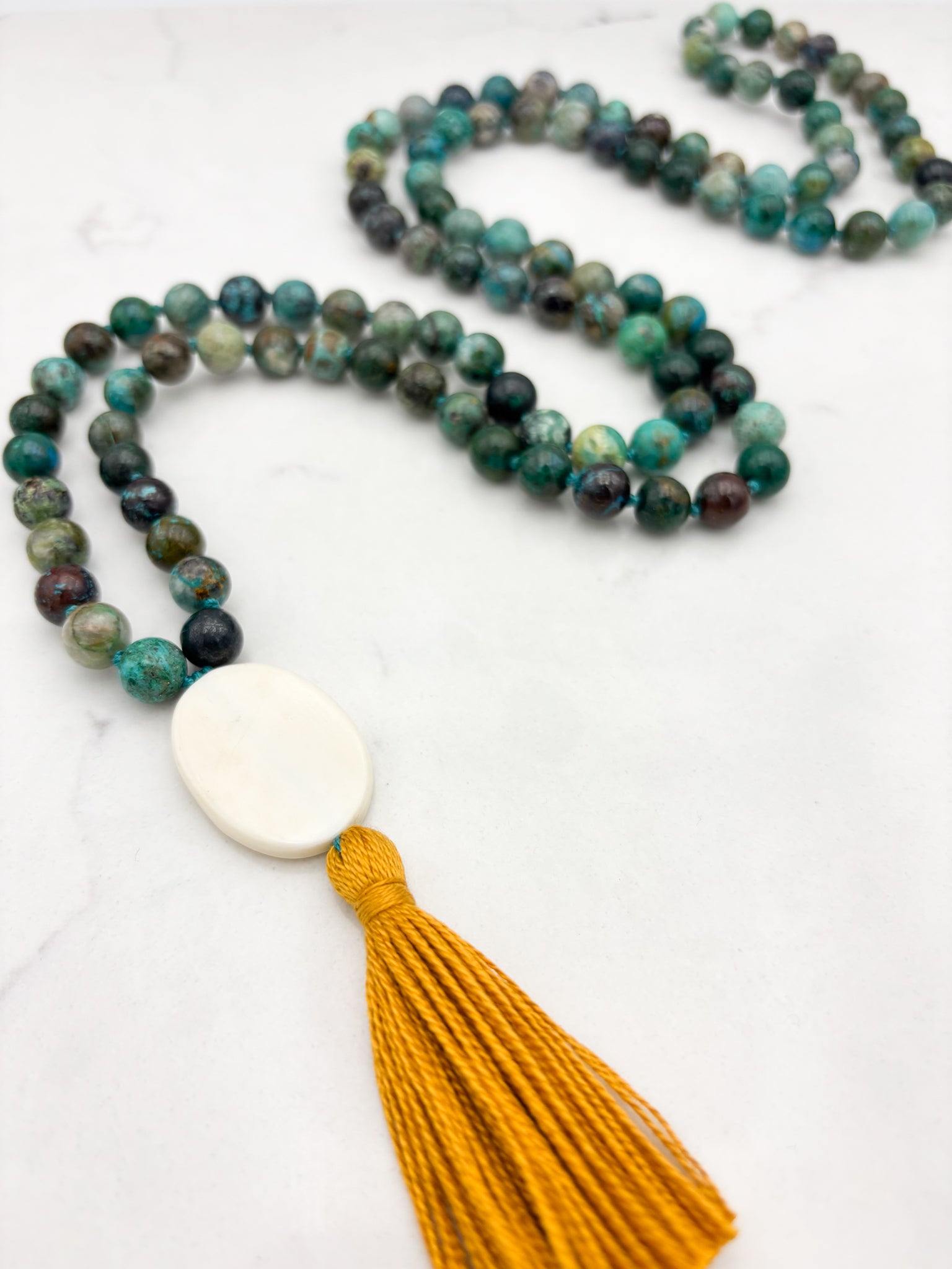chrysocolla gemstone mala necklace  with bone guru bead and gold tassel| radiant malas | handmade in boulder, colorado