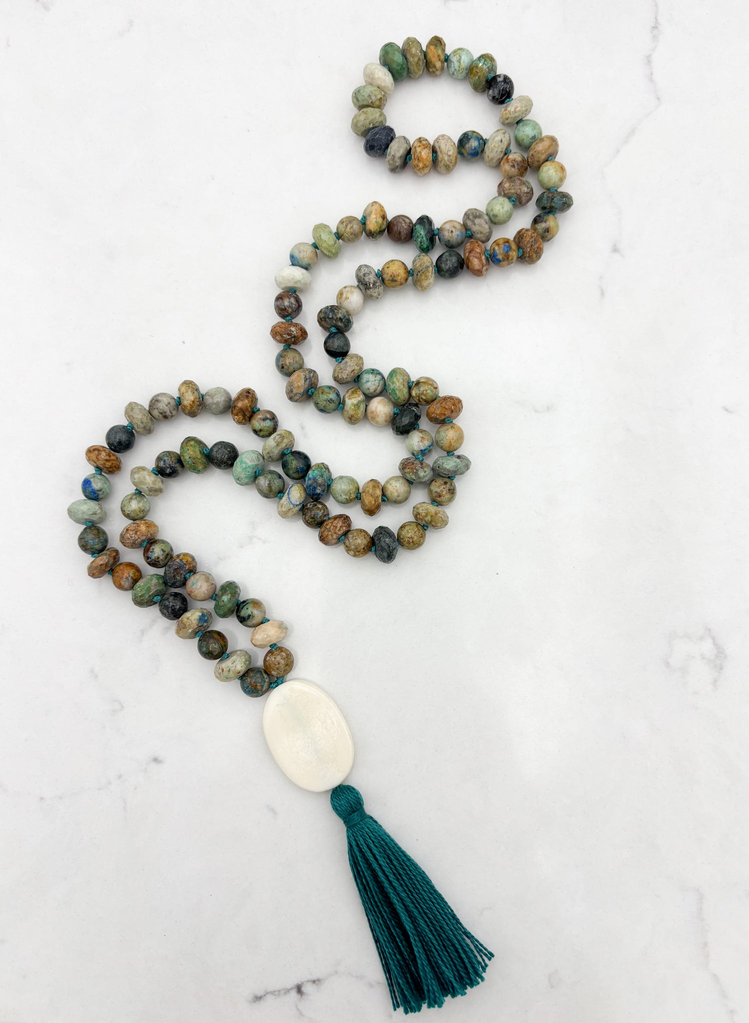 chrysocolla gemstone mala necklace  with bone guru bead and green tassel| radiant malas | handmade in boulder, colorado
