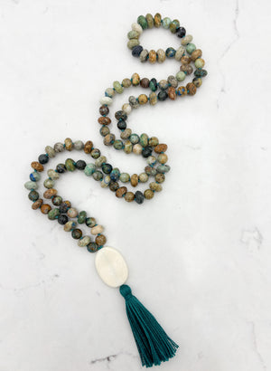 chrysocolla gemstone mala necklace  with bone guru bead and green tassel| radiant malas | handmade in boulder, colorado