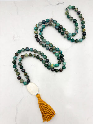 chrysocolla gemstone mala necklace  with bone guru bead and gold tassel| radiant malas | handmade in boulder, colorado
