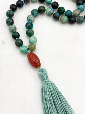 chrysocolla gemstone mala necklace  with carved carnelian guru bead and mint green tassel| radiant malas | handmade in boulder, colorado