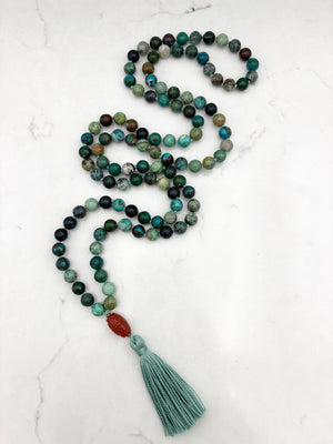 chrysocolla gemstone mala necklace  with carved carnelian guru bead and mint green tassel| radiant malas | handmade in boulder, colorado