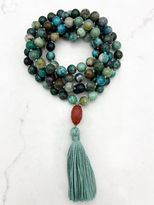 chrysocolla gemstone mala necklace  with carved carnelian guru bead and mint green tassel| radiant malas | handmade in boulder, colorado