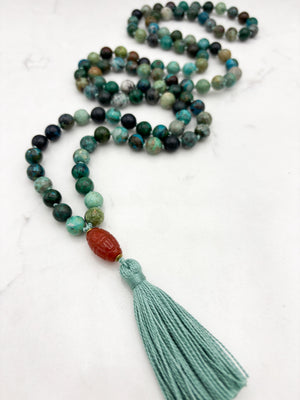 chrysocolla gemstone mala necklace  with carved carnelian guru bead and mint green tassel| radiant malas | handmade in boulder, colorado