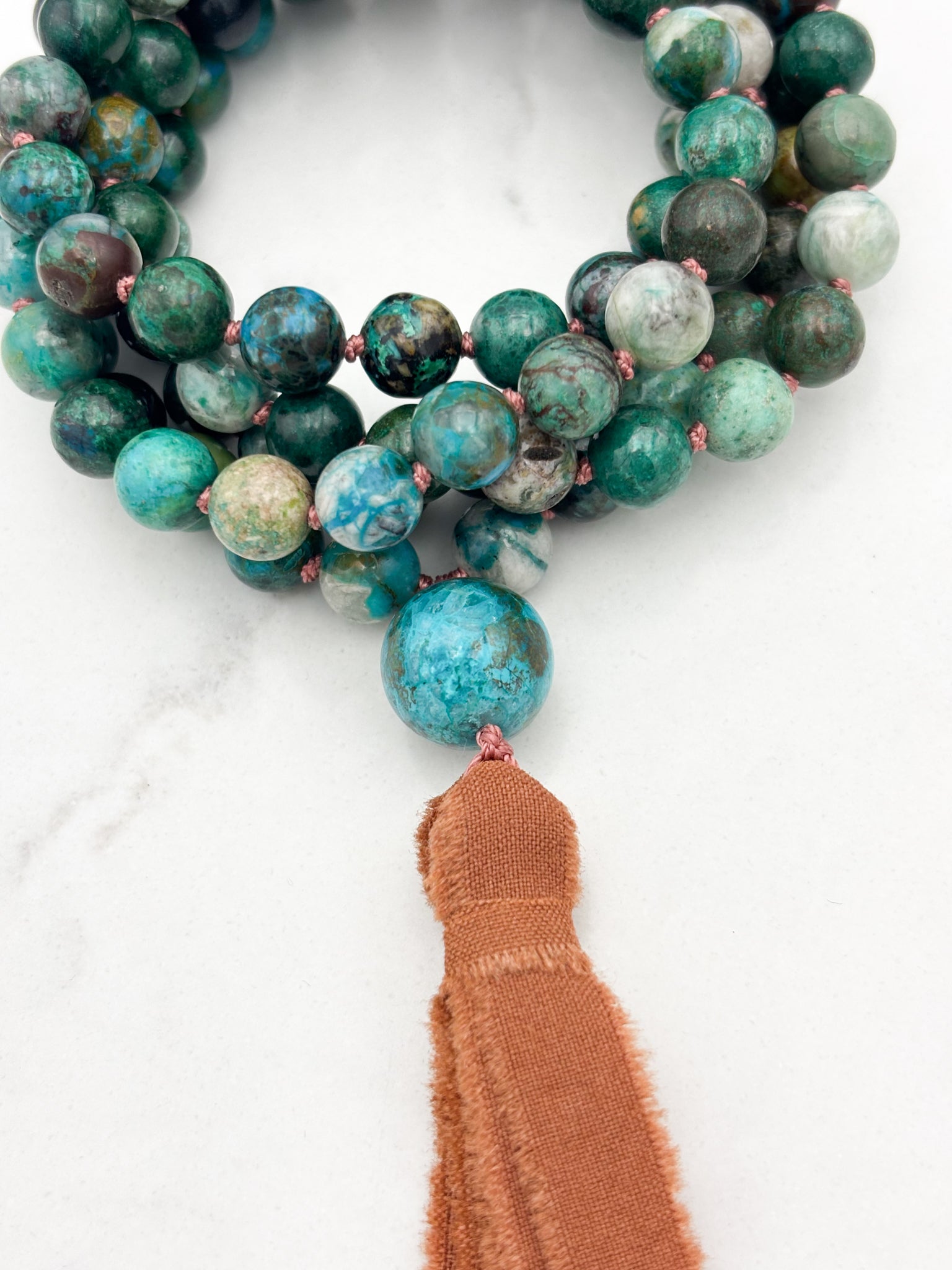 chrysocolla gemstone mala necklace  with chrysocolla guru bead and rust silk tassel| radiant malas | handmade in boulder, colorado