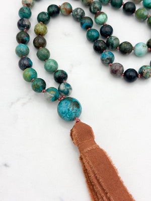 chrysocolla gemstone mala necklace  with chrysocolla guru bead and rust silk tassel| radiant malas | handmade in boulder, colorado