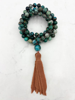 chrysocolla gemstone mala necklace  with chrysocolla guru bead and rust silk tassel| radiant malas | handmade in boulder, colorado