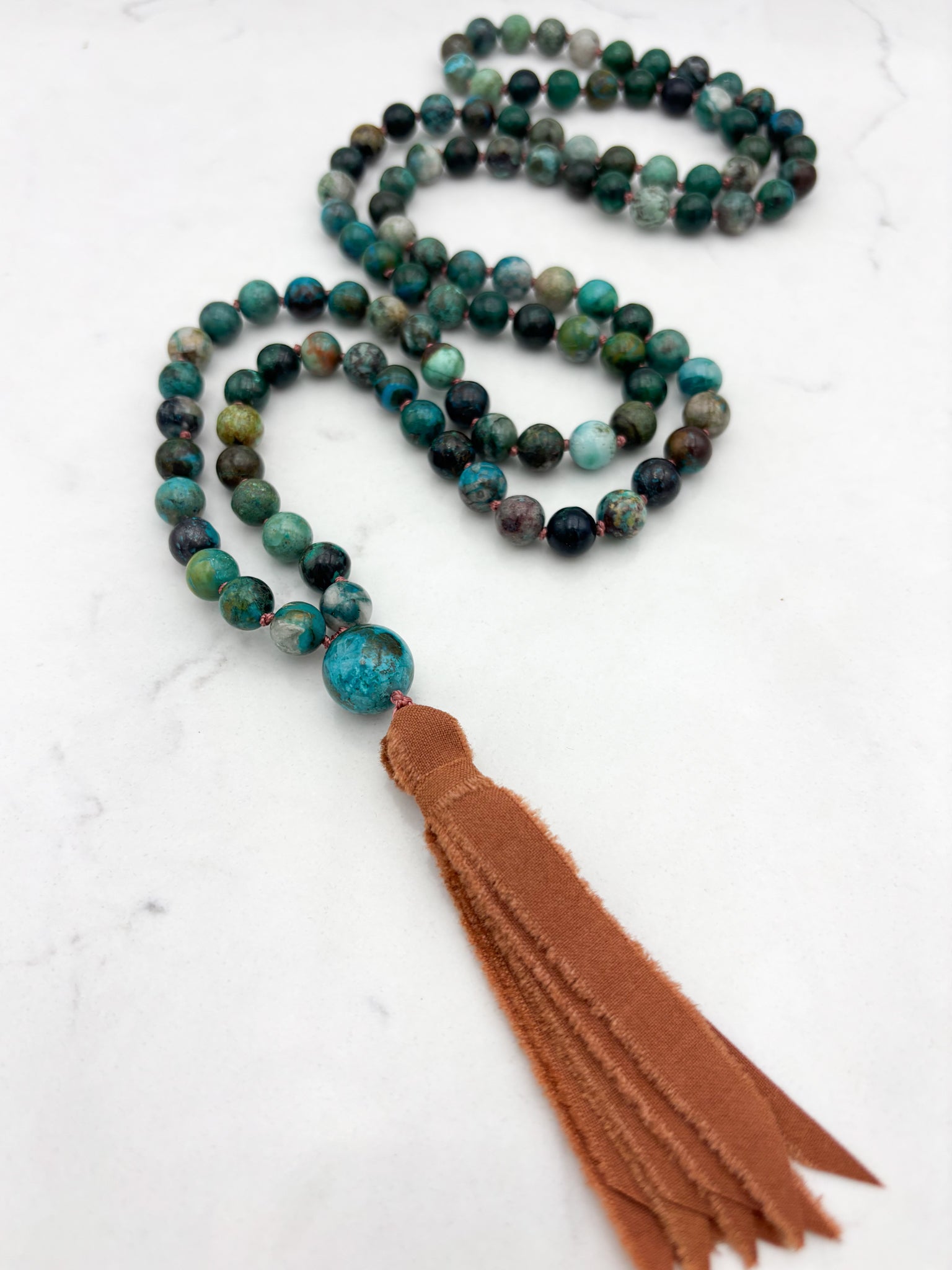 chrysocolla gemstone mala necklace  with chrysocolla guru bead and rust silk tassel| radiant malas | handmade in boulder, colorado