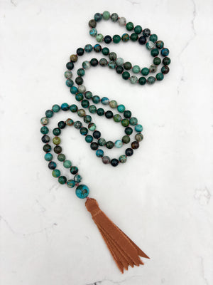 chrysocolla gemstone mala necklace  with chrysocolla guru bead and rust silk tassel| radiant malas | handmade in boulder, colorado
