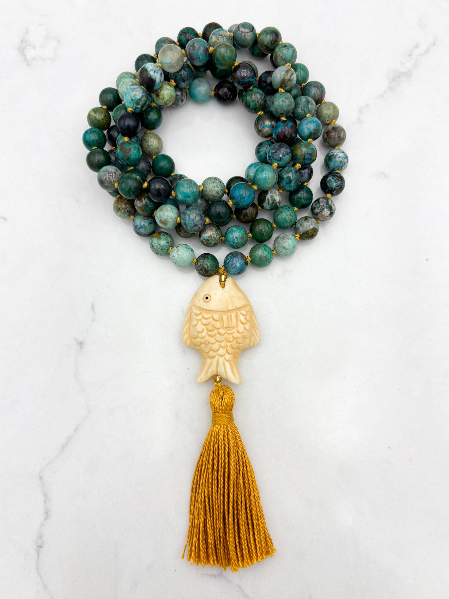 chrysocolla gemstone mala necklace  with fish-carved bone guru bead and gold tassel| radiant malas | handmade in boulder, colorado