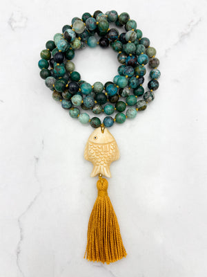 chrysocolla gemstone mala necklace  with fish-carved bone guru bead and gold tassel| radiant malas | handmade in boulder, colorado