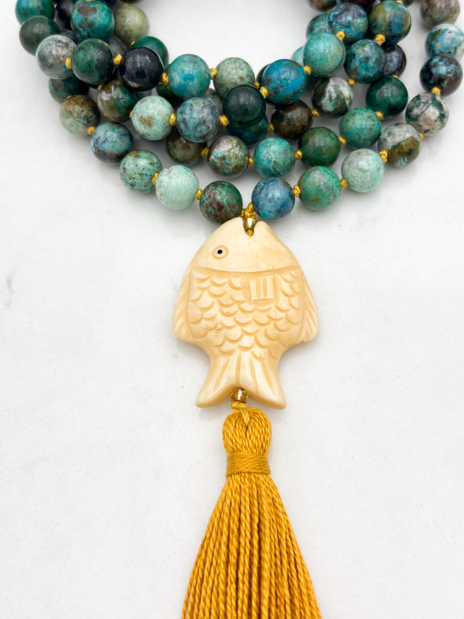 chrysocolla gemstone mala necklace  with fish-carved bone guru bead and gold tassel| radiant malas | handmade in boulder, colorado