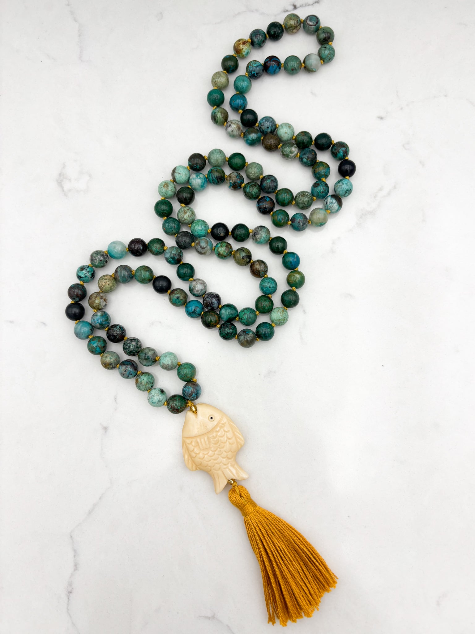 chrysocolla gemstone mala necklace  with fish-carved bone guru bead and gold tassel| radiant malas | handmade in boulder, colorado