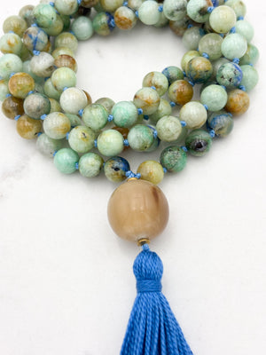 chrysocolla gemstone mala necklace with horn guru bead and blue tassel | radiant malas | handmade in boulder, colorado