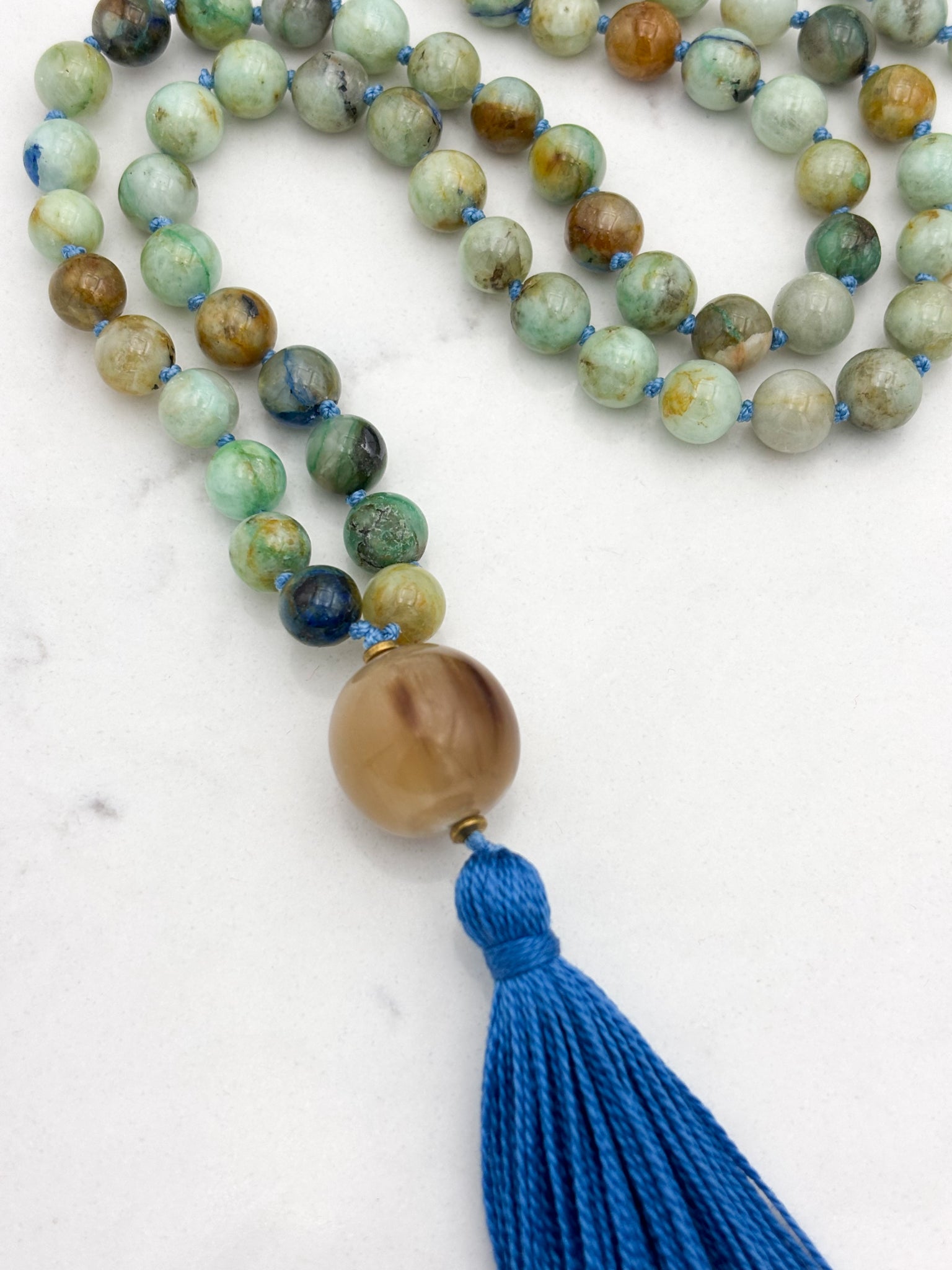 chrysocolla gemstone mala necklace with horn guru bead and blue tassel | radiant malas | handmade in boulder, colorado