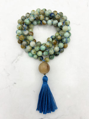 chrysocolla gemstone mala necklace with horn guru bead and blue tassel | radiant malas | handmade in boulder, colorado