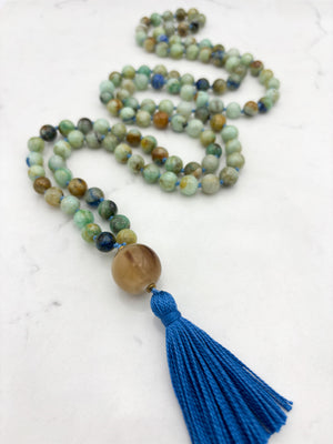 chrysocolla gemstone mala necklace with horn guru bead and blue tassel | radiant malas | handmade in boulder, colorado