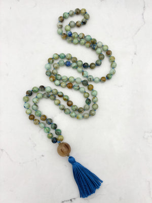 chrysocolla gemstone mala necklace with horn guru bead and blue tassel | radiant malas | handmade in boulder, colorado