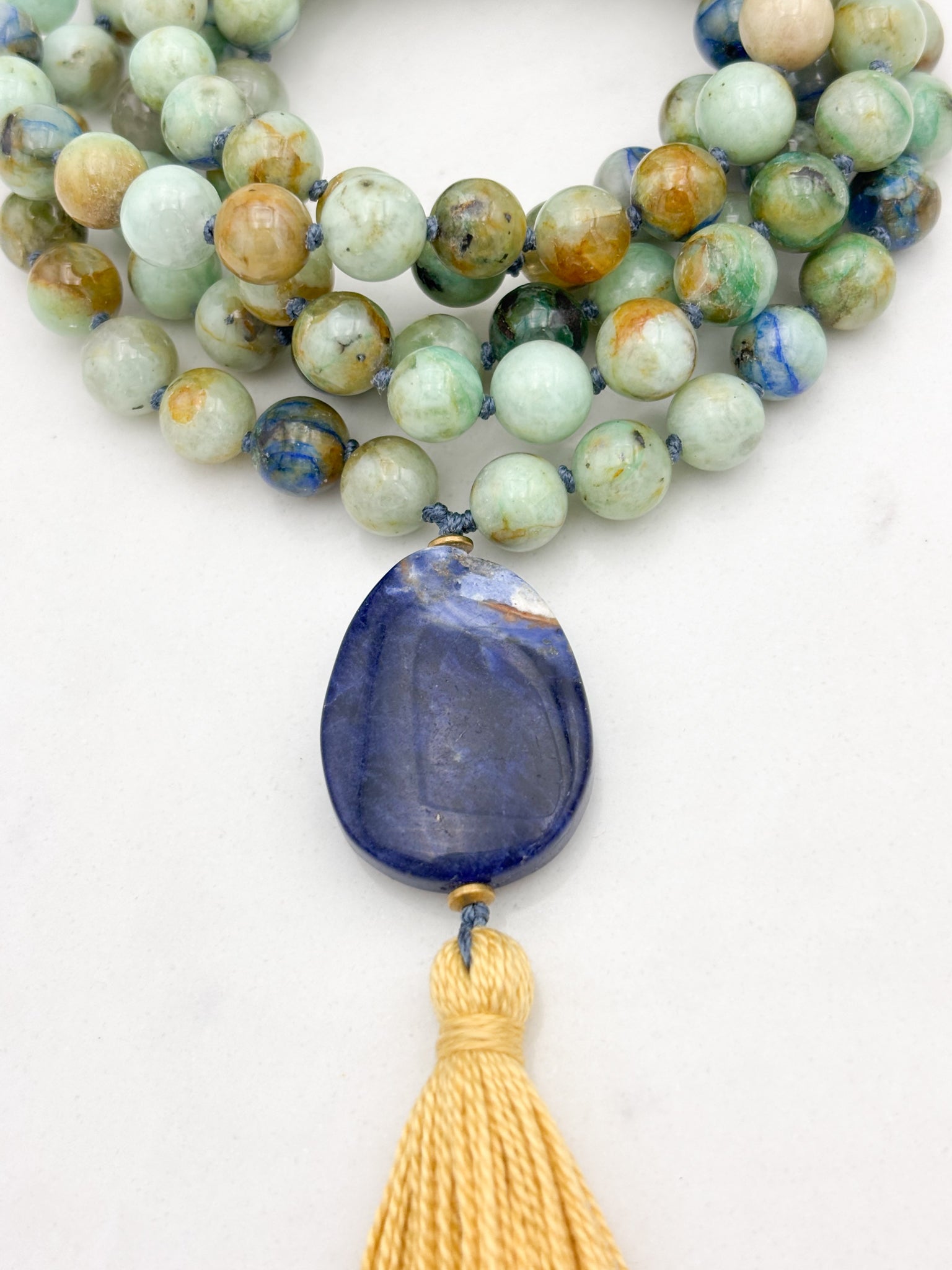 chrysocolla gemstone mala necklace with sodalite guru bead and gold tassel | radiant malas | handmade in boulder, colorado
