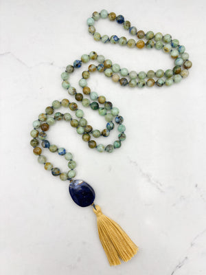 chrysocolla gemstone mala necklace with sodalite guru bead and gold tassel | radiant malas | handmade in boulder, colorado
