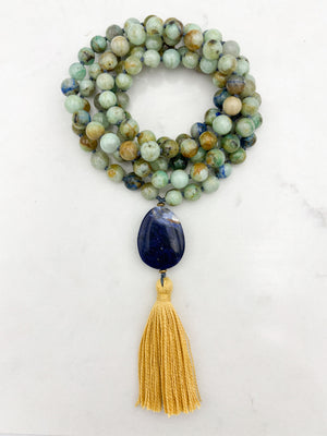 chrysocolla gemstone mala necklace with sodalite guru bead and gold tassel | radiant malas | handmade in boulder, colorado