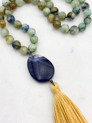 chrysocolla gemstone mala necklace with sodalite guru bead and gold tassel | radiant malas | handmade in boulder, colorado
