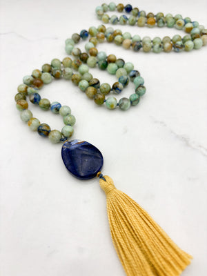 chrysocolla gemstone mala necklace with sodalite guru bead and gold tassel | radiant malas | handmade in boulder, colorado