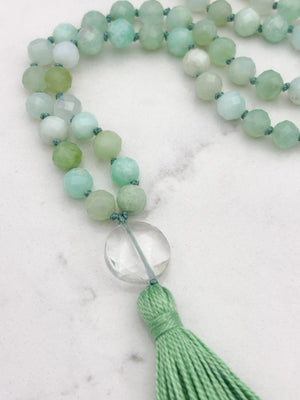 chrysoprase gemstone mala with clear quartz guru bead and green tassel | radiant malas | handmade in boulder, colorado