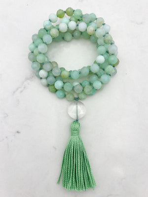 chrysoprase gemstone mala with clear quartz guru bead and green tassel | radiant malas | handmade in boulder, colorado