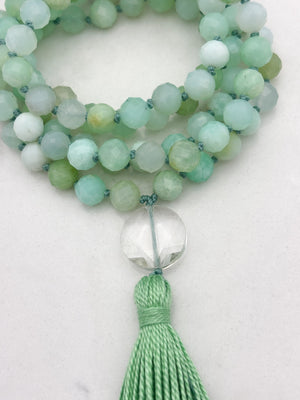 chrysoprase gemstone mala with clear quartz guru bead and green tassel | radiant malas | handmade in boulder, colorado