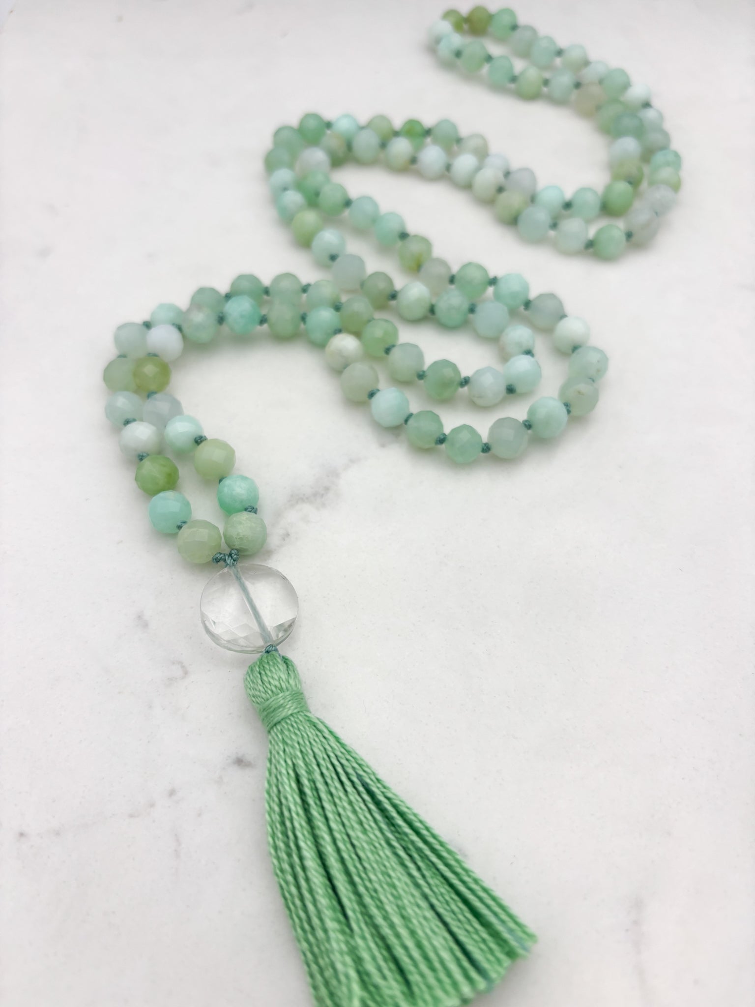 chrysoprase gemstone mala with clear quartz guru bead and green tassel | radiant malas | handmade in boulder, colorado