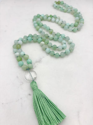 chrysoprase gemstone mala with clear quartz guru bead and green tassel | radiant malas | handmade in boulder, colorado