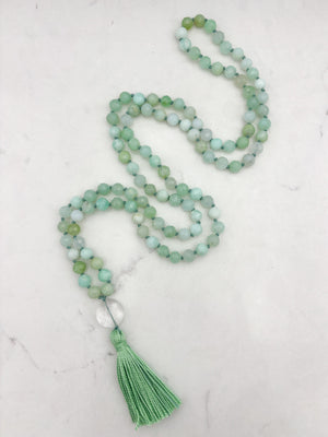chrysoprase gemstone mala with clear quartz guru bead and green tassel | radiant malas | handmade in boulder, colorado