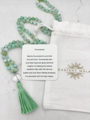 chrysoprase gemstone mala with clear quartz guru bead and green tassel | radiant malas | handmade in boulder, colorado
