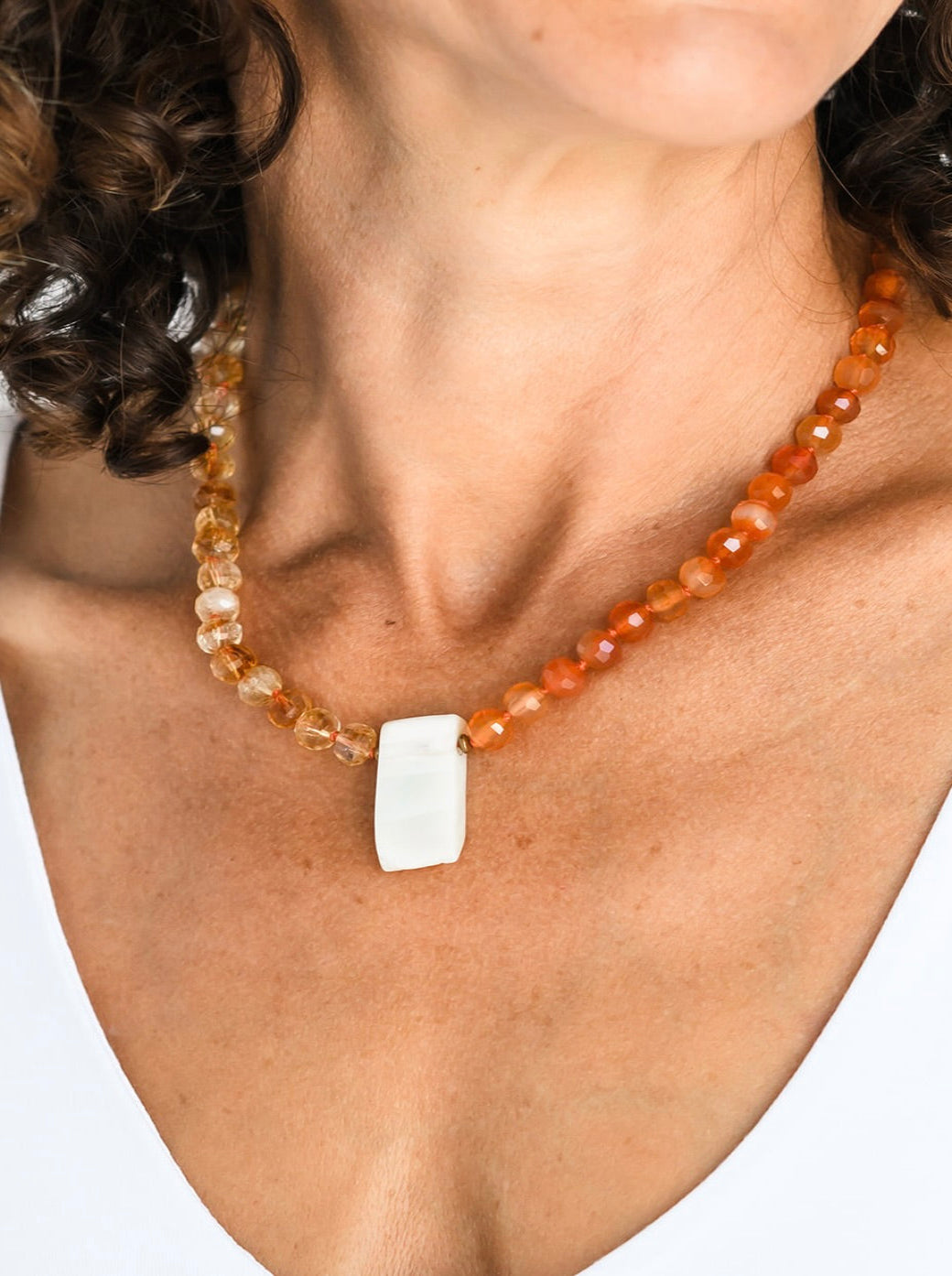 citrine and carnelian knotted gemstone necklace with agate pendant | radiant malas | handmade in boulder, colorado