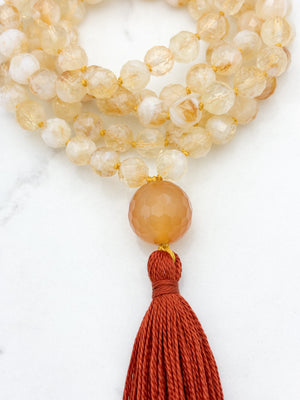 citrine gemstone mala necklace with faceted carnelian guru bead and rust tassel | radiant malas | handmade in boulder, colorado