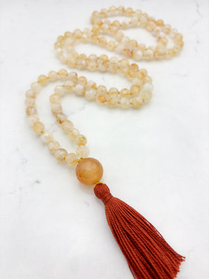 citrine gemstone mala necklace with faceted carnelian guru bead and rust tassel | radiant malas | handmade in boulder, colorado