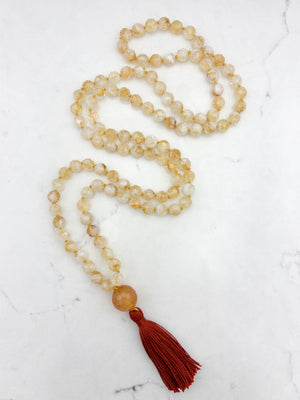 citrine gemstone mala necklace with faceted carnelian guru bead and rust tassel | radiant malas | handmade in boulder, colorado