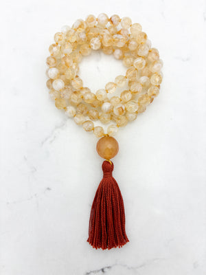 citrine gemstone mala necklace with faceted carnelian guru bead and rust tassel | radiant malas | handmade in boulder, colorado