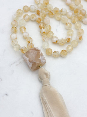 Citrine gemstone mala necklace  with cherry blossom agate guru bead and beige silk tassel | radiant malas | handmade in boulder, colorado	