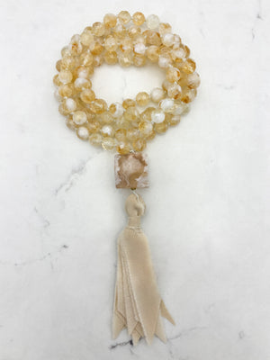 Citrine gemstone mala necklace  with cherry blossom agate guru bead and beige silk tassel | radiant malas | handmade in boulder, colorado	