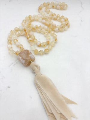 Citrine gemstone mala necklace  with cherry blossom agate guru bead and beige silk tassel | radiant malas | handmade in boulder, colorado	